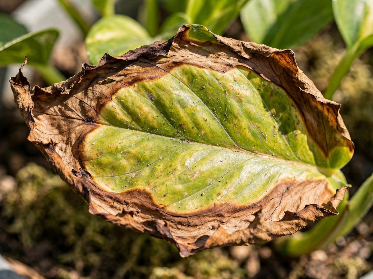 Indoor Plant Lighting Guide Houseplant leaf with brown scorched edges from too much sun