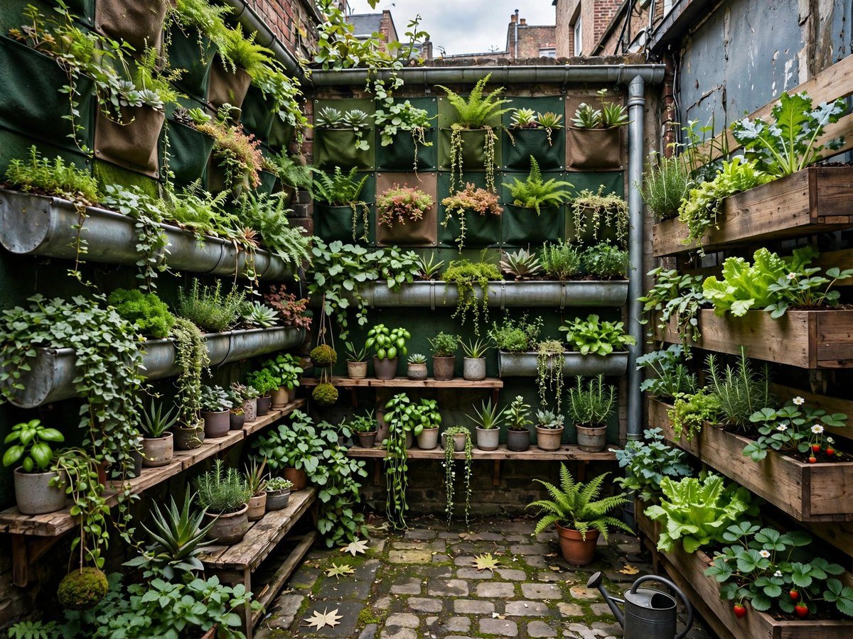 Overview of a small space filled with creative vertical garden planters