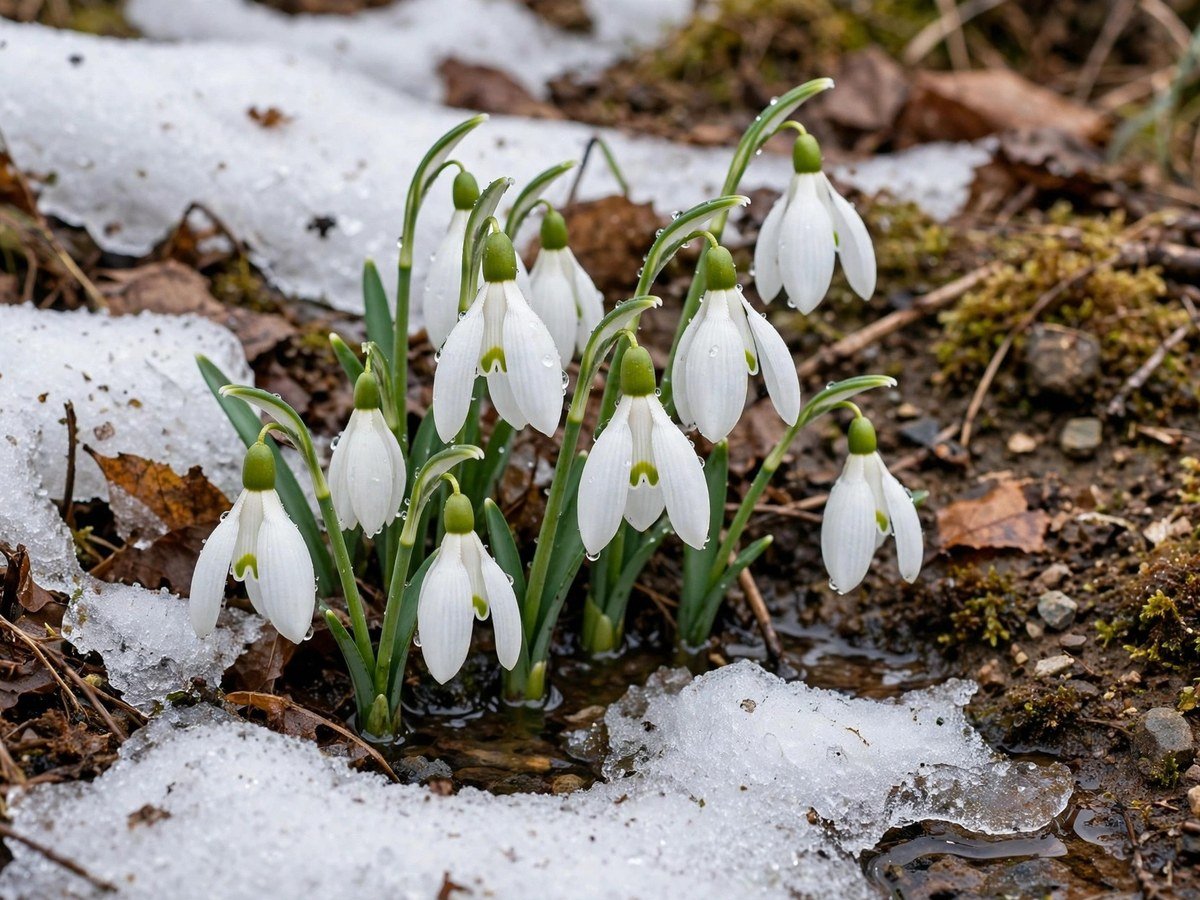 Delicate white snowdrop flowers blooming beside melting snow