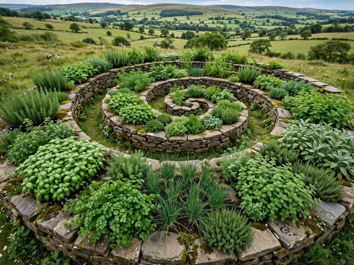 Herbal Garden Ideas 2026 Stone spiral herb garden planted with various herbs