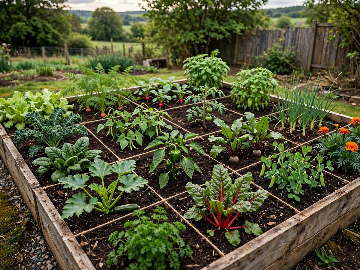 Space-Saving Garden Designs Square-foot garden bed with vegetables in marked sections