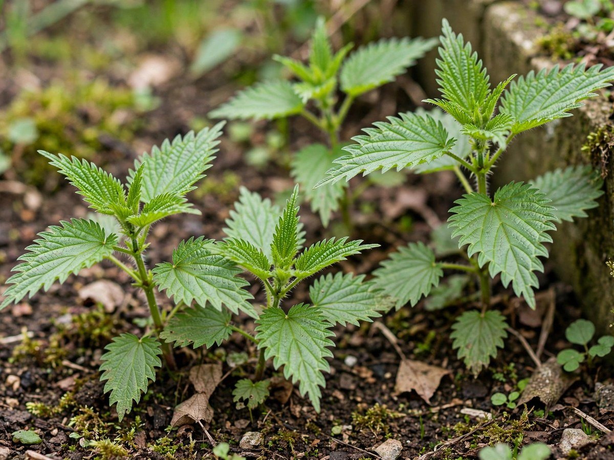 Young stinging nettle plants with serrated green leaves in a garden corner