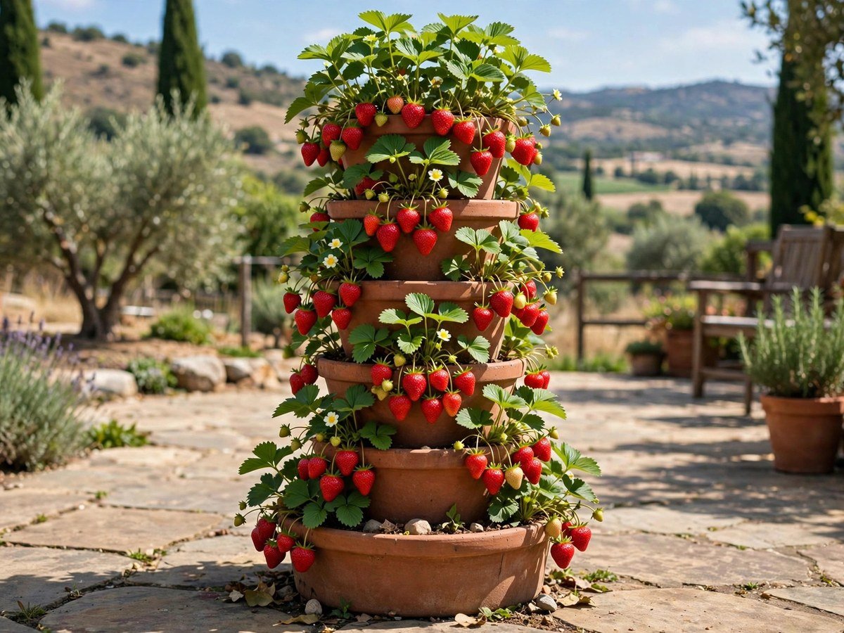Ripe strawberries growing in a vertical tower planter