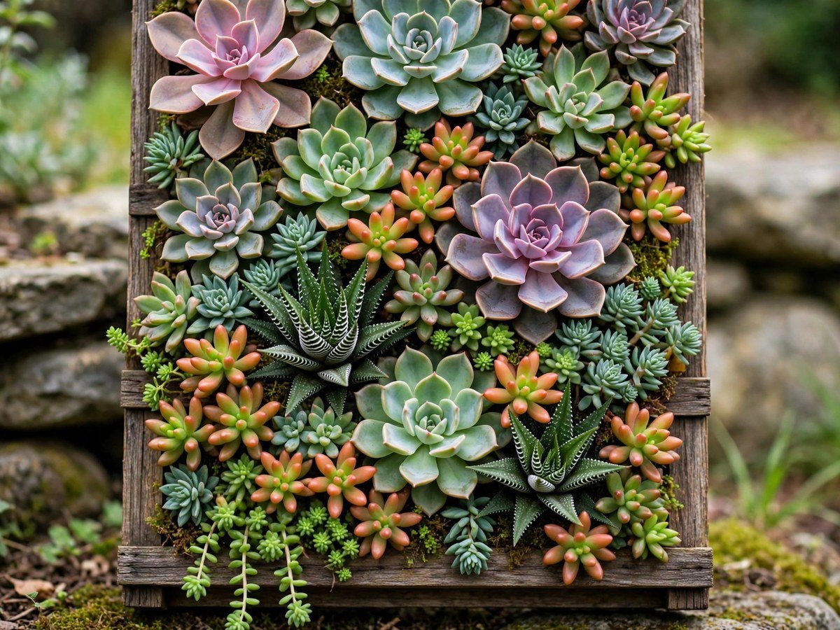 Colorful succulents arranged in a vertical living frame
