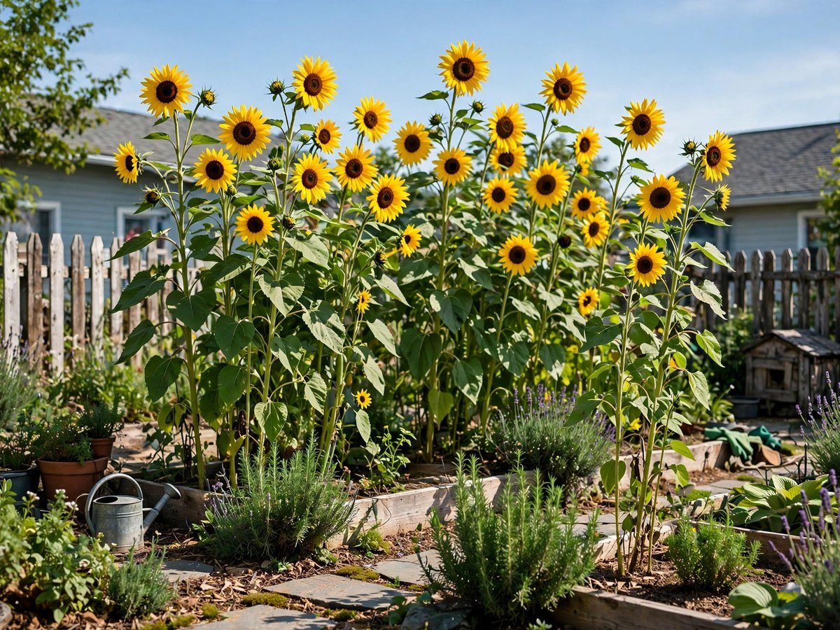 Easy Flowers to Grow at Home Tall sunflowers blooming against a blue sky in a home garden