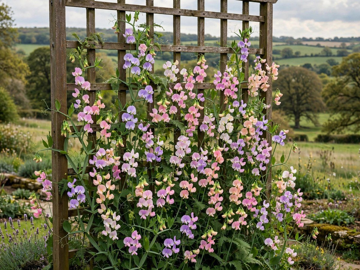 Easy Flowers to Grow at Home Fragrant pastel sweet pea flowers climbing a garden trellis