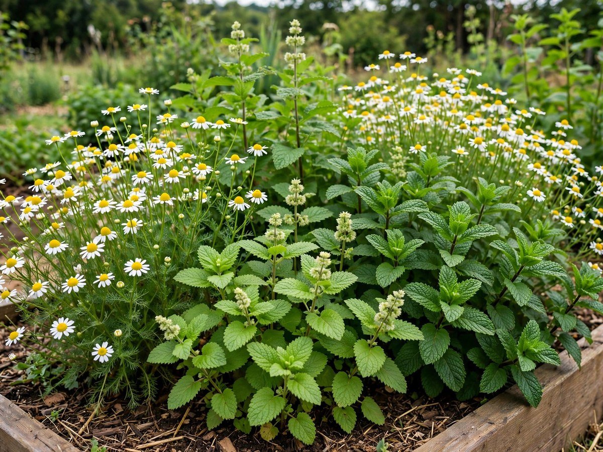 Herbal Garden Ideas 2026 Tea herbs like chamomile and mint growing together in a garden bed