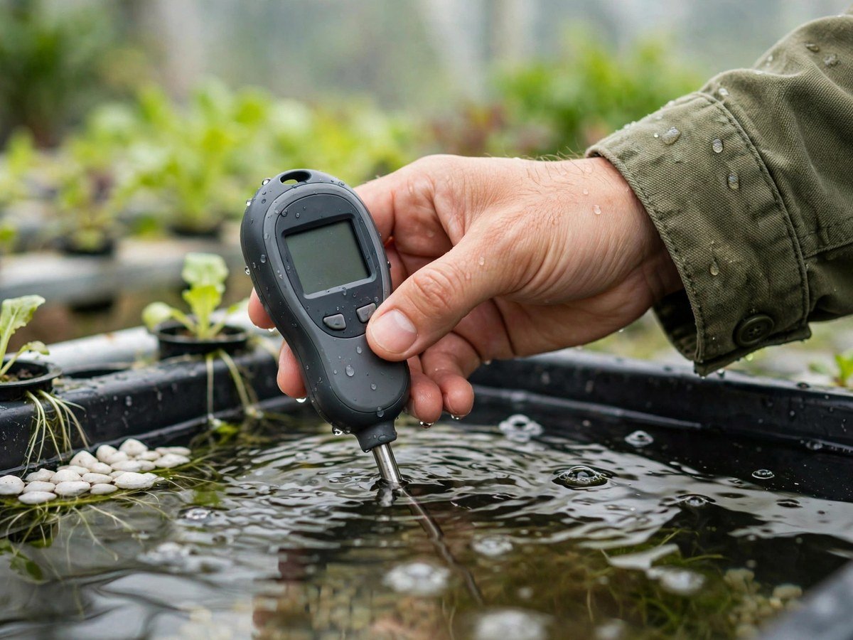 Hydroponic Vegetable Gardening Tips Digital pH meter testing water in a hydroponic reservoir