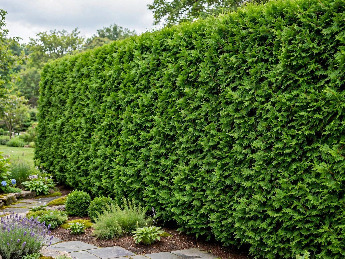 Tall Thuja Green Giant evergreen privacy hedge in a landscaped garden