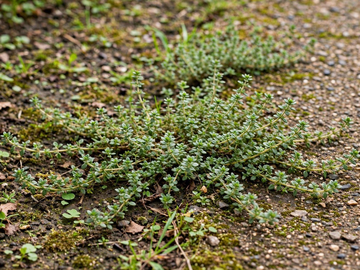 Best Kitchen Herbs for Beginners Thyme sprigs with tiny green leaves spreading along a garden path edge
