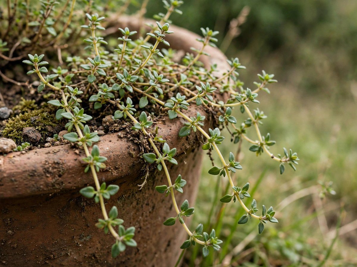 Easy Medicinal Plants for Small Gardens Tiny thyme sprigs with green leaves cascading over a pot edge
