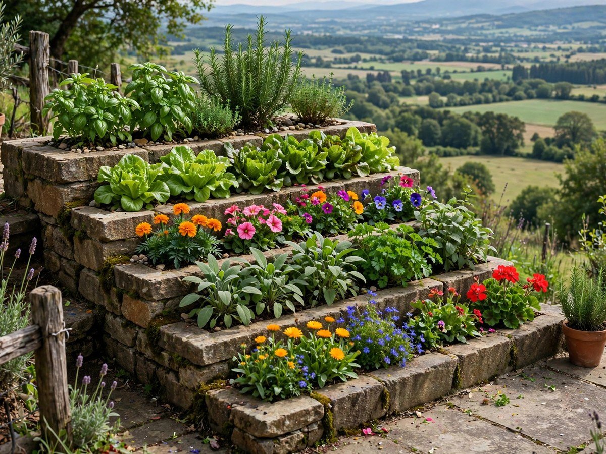 Space-Saving Garden Designs Tiered planters growing herbs and flowers on a small patio