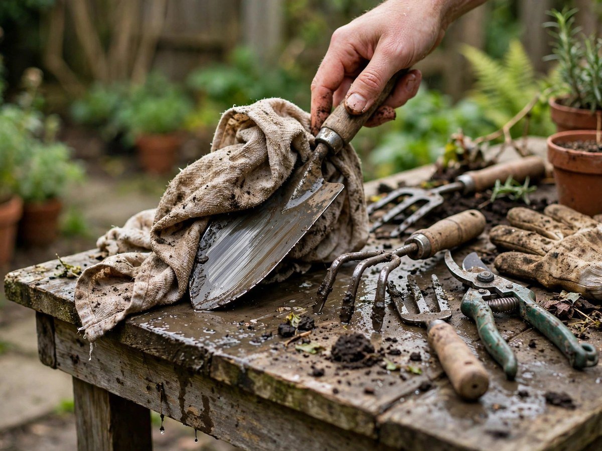 Muddy garden hand tools being wiped clean with an old towel on a potting bench