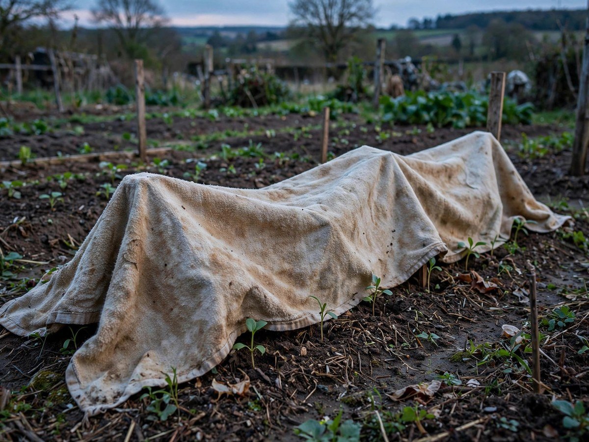 Young garden seedlings covered with an old towel for frost protection at dusk