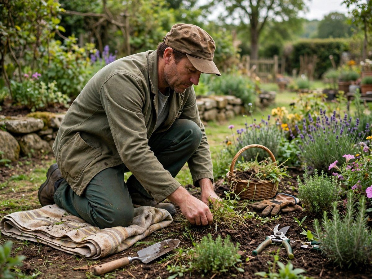 Gardener kneeling on a folded old towel while weeding a flower bed