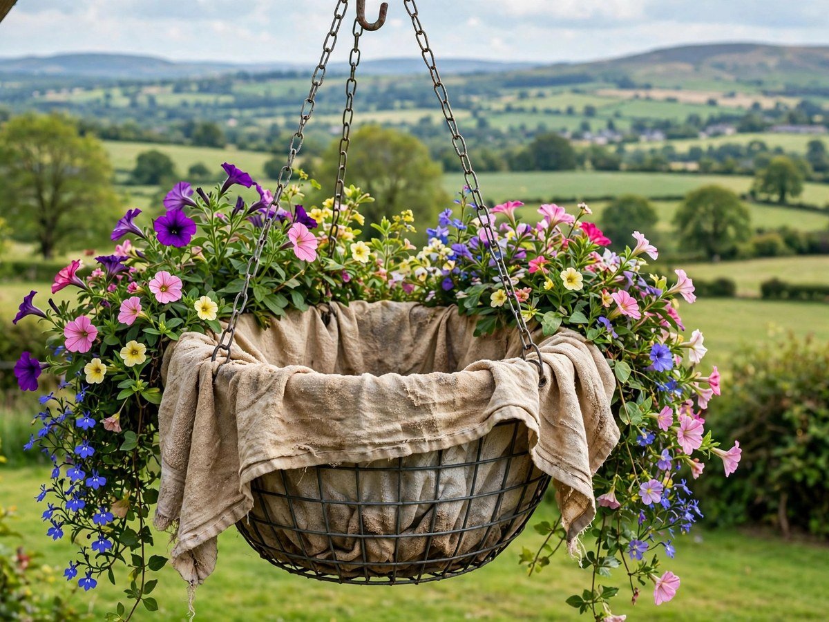 Wire hanging basket lined with old towel fabric and planted with colorful flowers