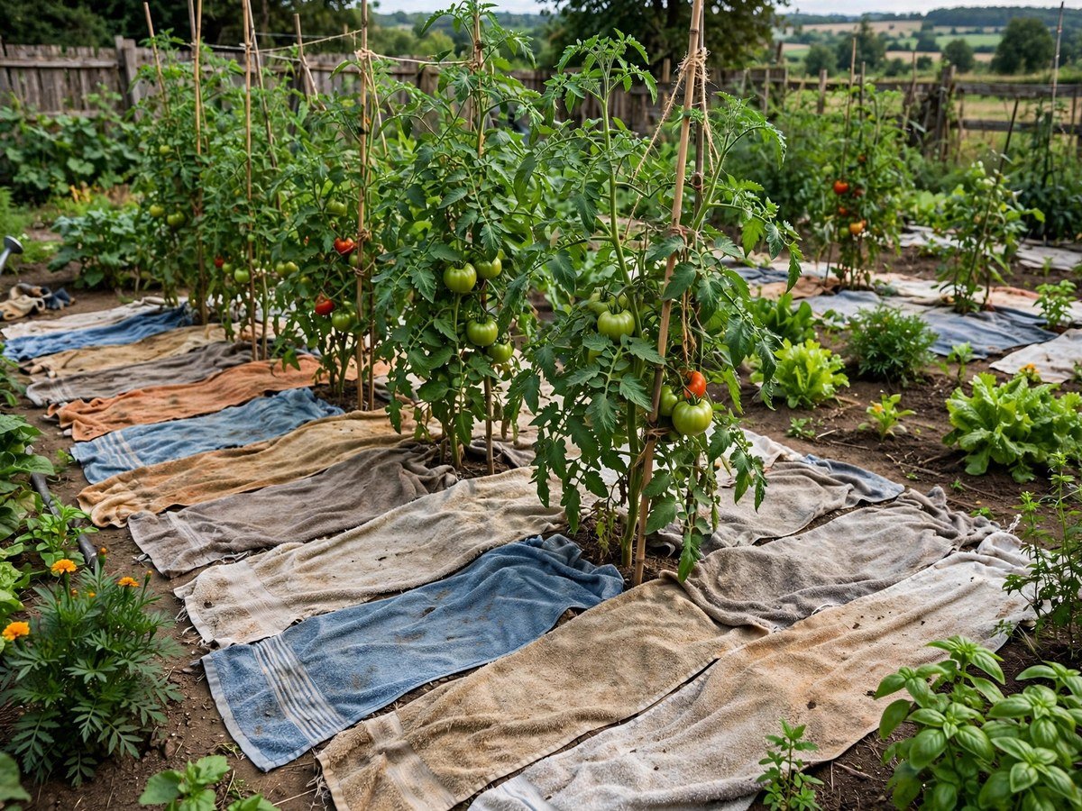 Strips of old towel laid as mulch around tomato plants to suppress weeds