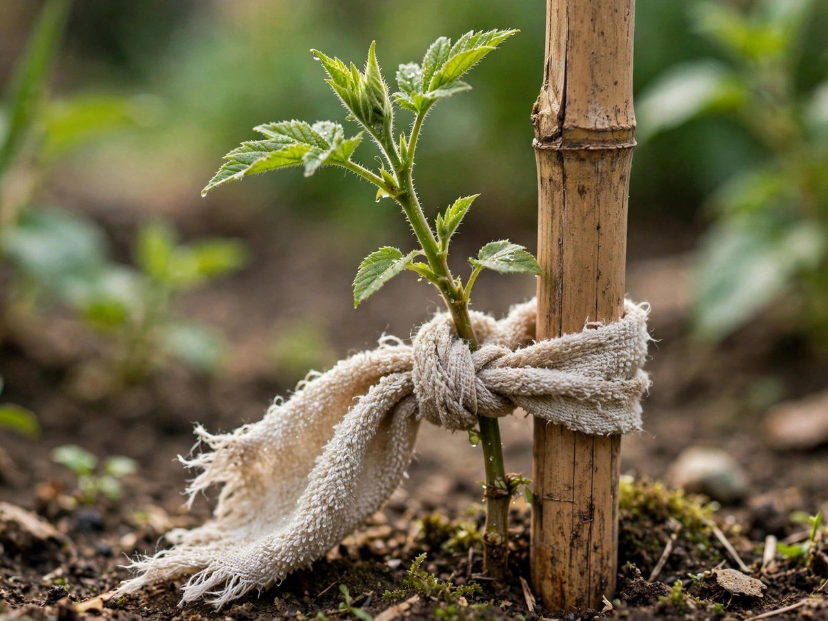 Young plant stem gently tied to a bamboo stake with a strip of old towel fabric