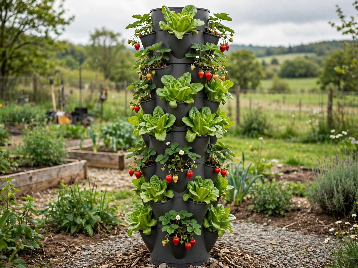Vertical tower planter with lettuce and strawberries