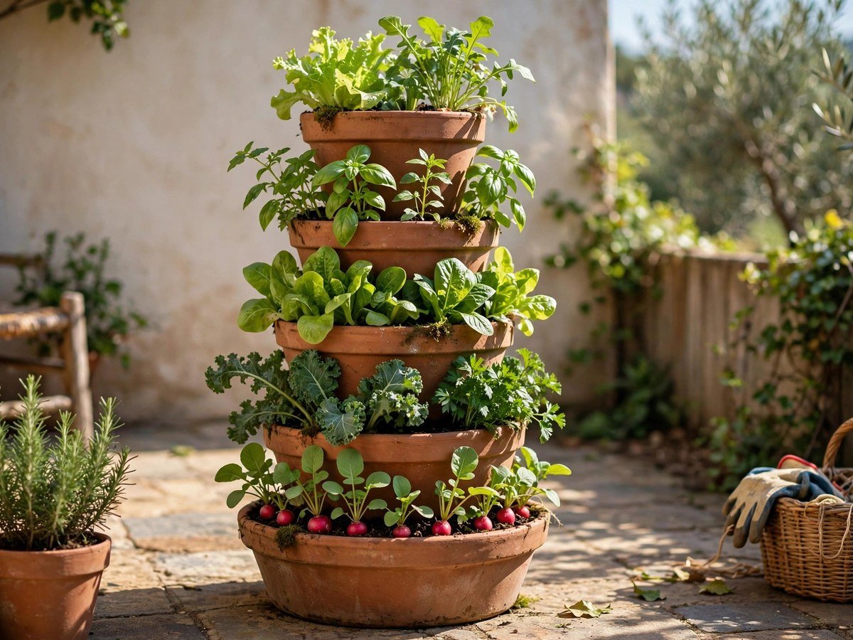Stacked tower planter growing vegetables on a small patio