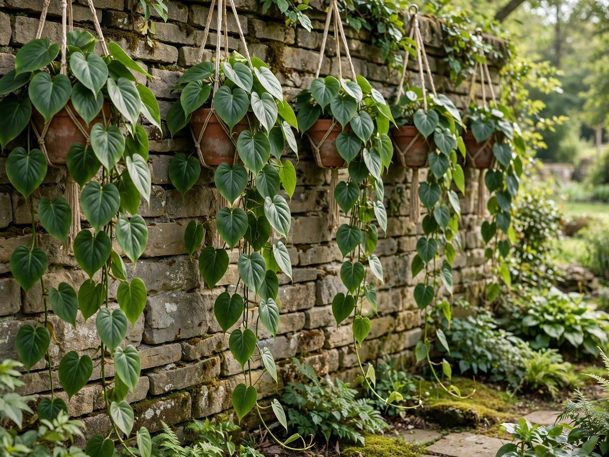 Heartleaf philodendron trailing from hanging planters on a wall