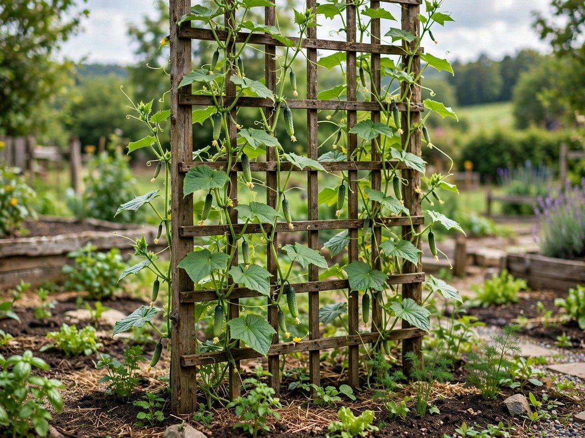 Cucumbers climbing a tall wooden trellis in a small garden