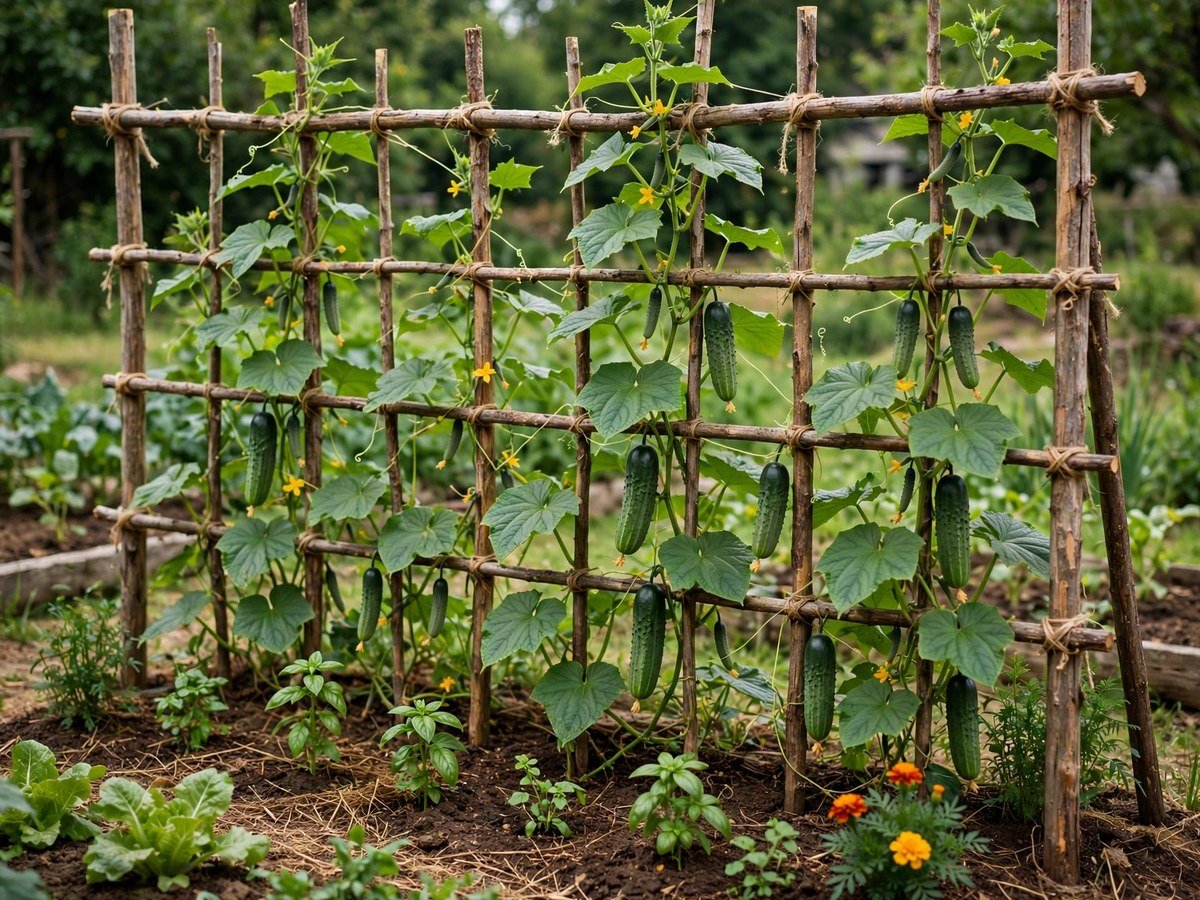 DIY Vertical Garden Projects Cucumbers climbing a handmade trellis wall in a small garden
