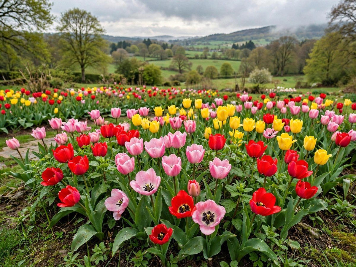 Vibrant red, pink and yellow tulips blooming in a spring flower bed
