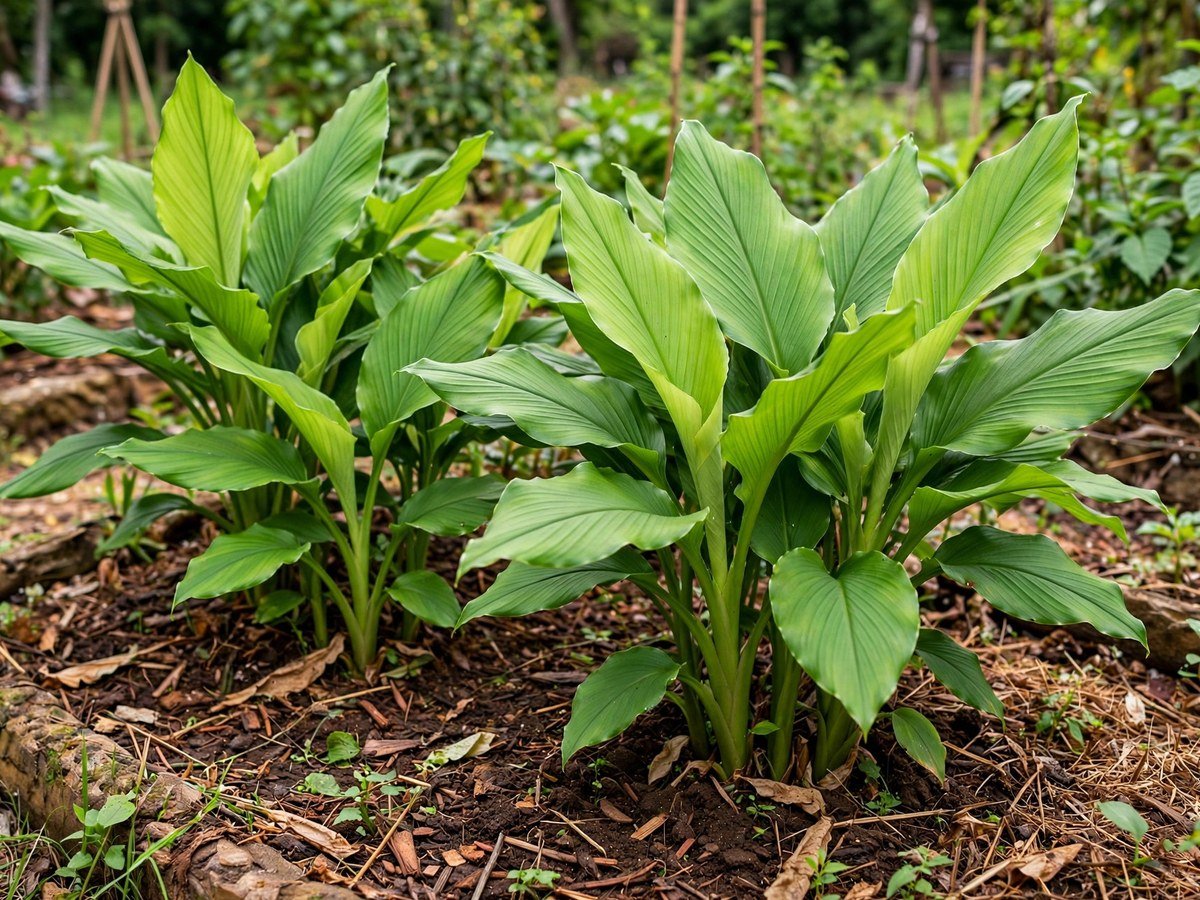 Vibrant turmeric plants with broad green leaves in a garden bed