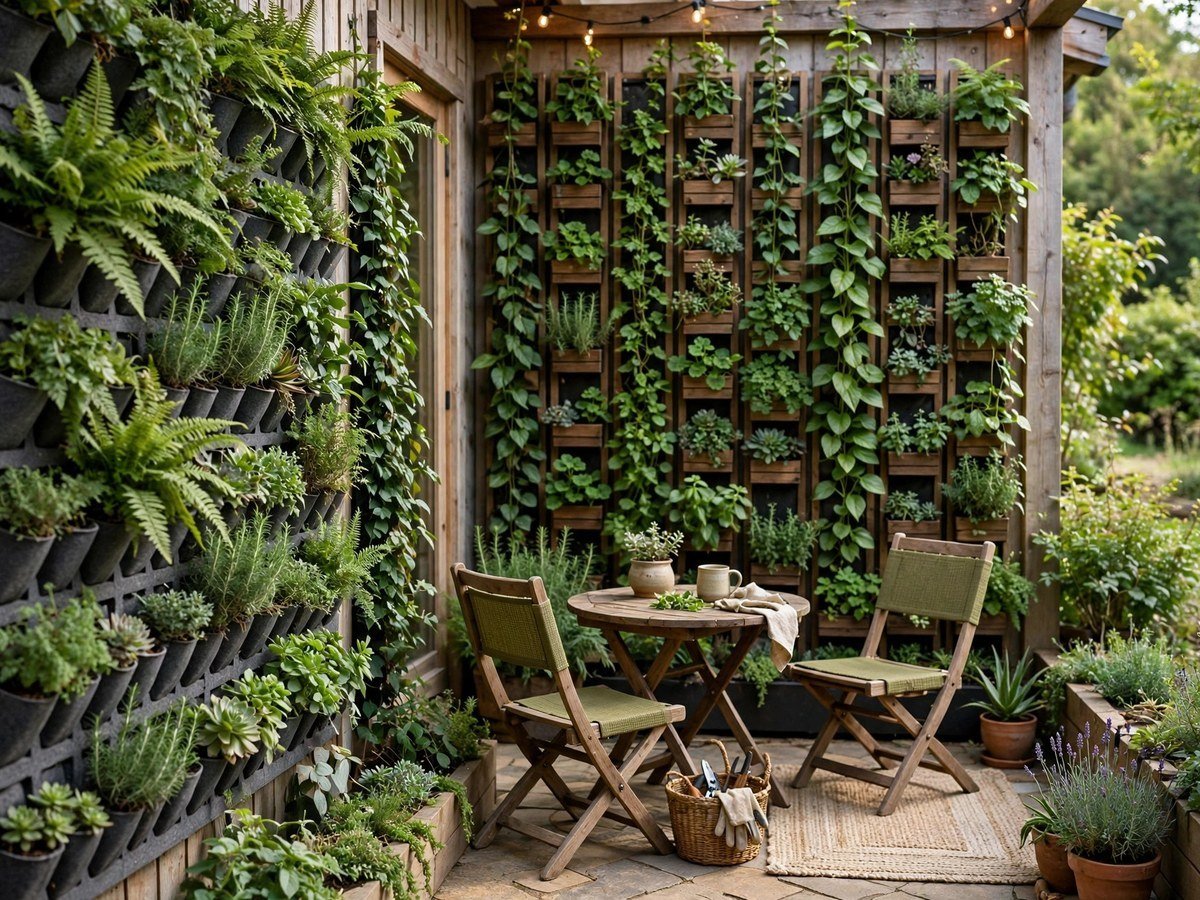 Cozy patio with vertical garden installations on the walls