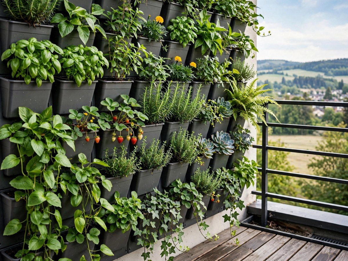 Variety of plants growing in a vertical wall planter system
