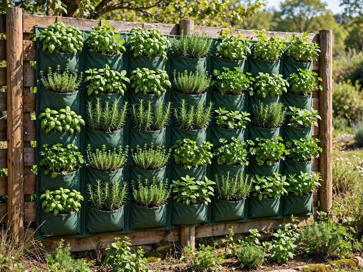 Herbal Garden Ideas 2026 Vertical herb wall with rows of green herbs on a sunny fence