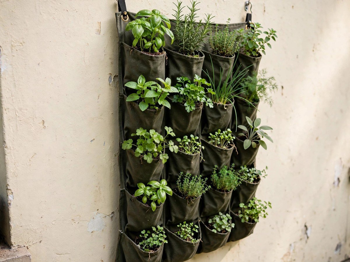 Vertical fabric pocket planter on a wall filled with herbs