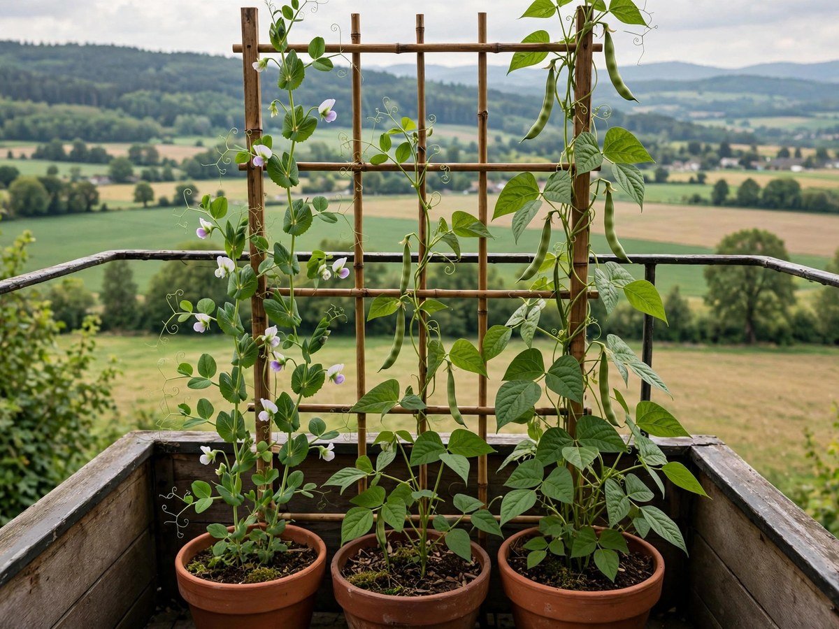 Small trellis with climbing beans on a balcony