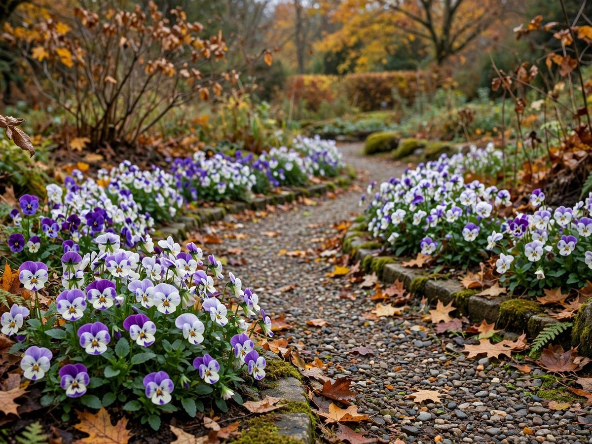6 Surefire Flowers to Plant in October for a Garden Brimming With Blooms Delicate violet and white viola flowers edging a garden path in fall