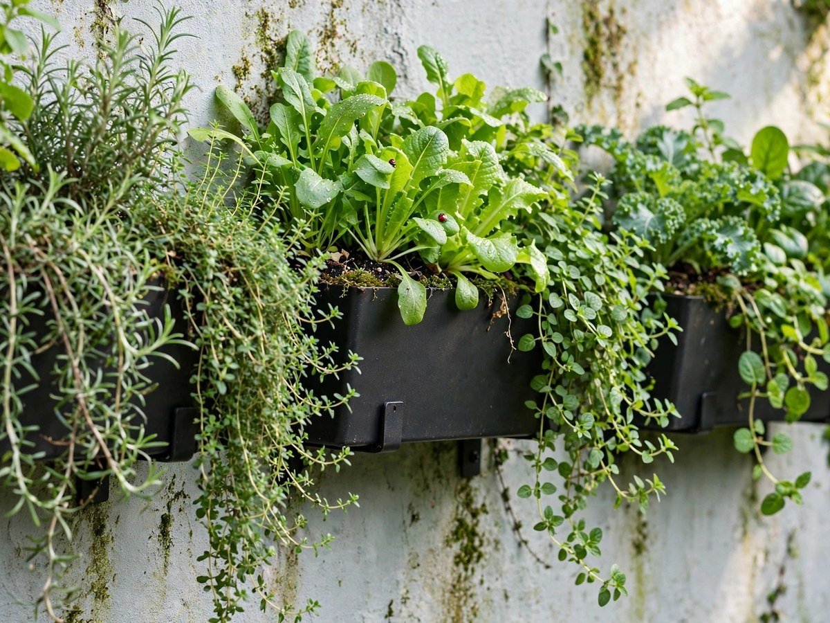 Mounted wall planters filled with trailing herbs and greens