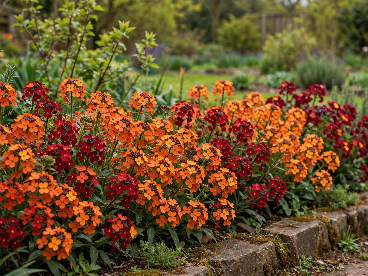 6 Surefire Flowers to Plant in October for a Garden Brimming With Blooms Fragrant wallflowers in warm orange and red tones blooming in a spring garden border
