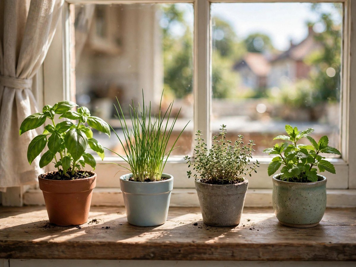 Herbal Garden Ideas 2026 Small potted herbs growing on a sunny kitchen windowsill