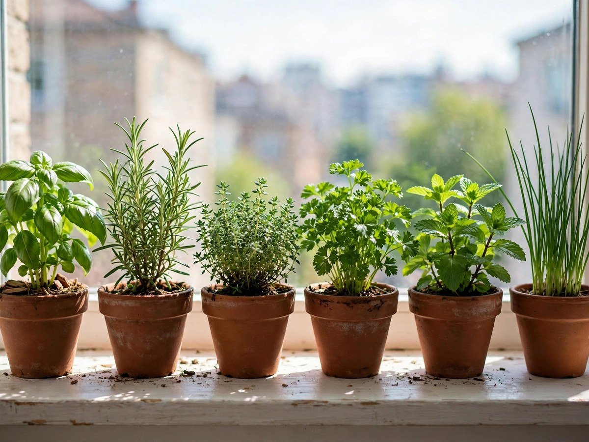 Fresh kitchen herbs in terracotta pots on a bright windowsill