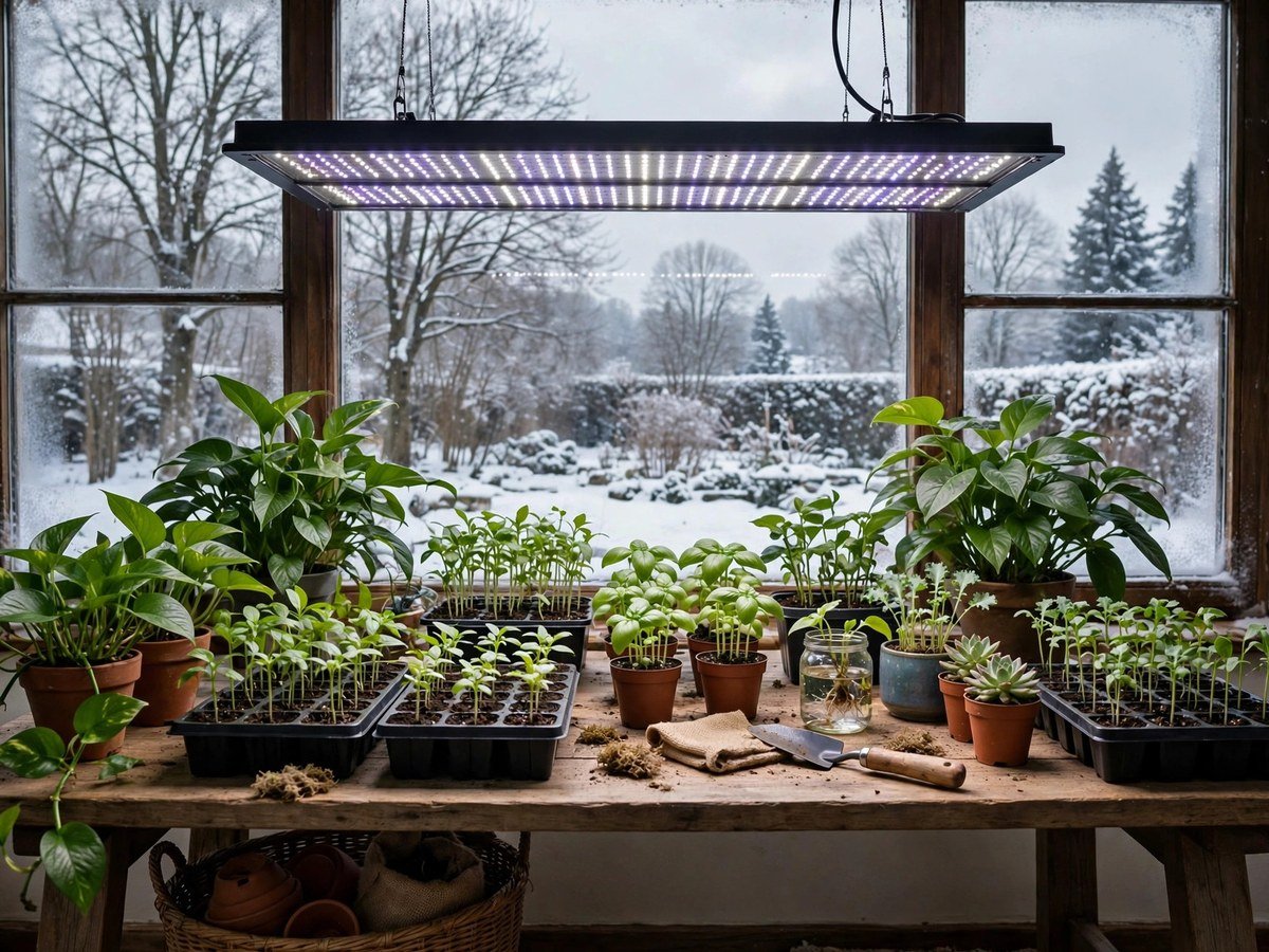 Winter Indoor Gardening with Grow Lights Healthy houseplants and seedlings under a suspended LED grow light in winter