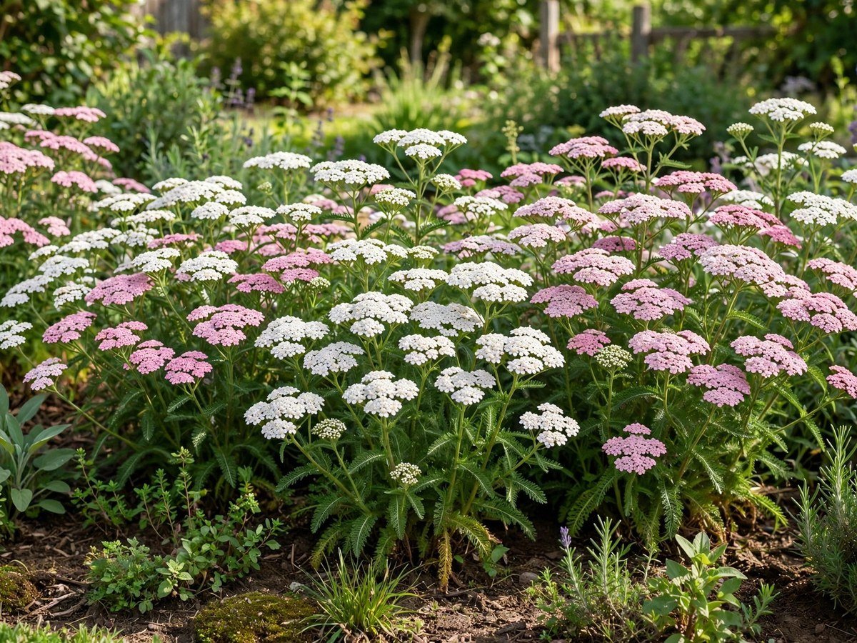 White and pink yarrow flowers blooming in a sunny garden border