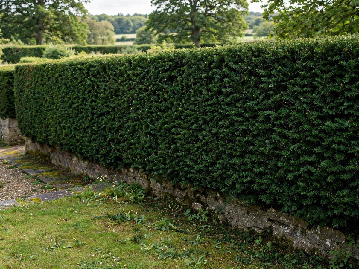 Dark green yew hedge providing privacy along a garden boundary