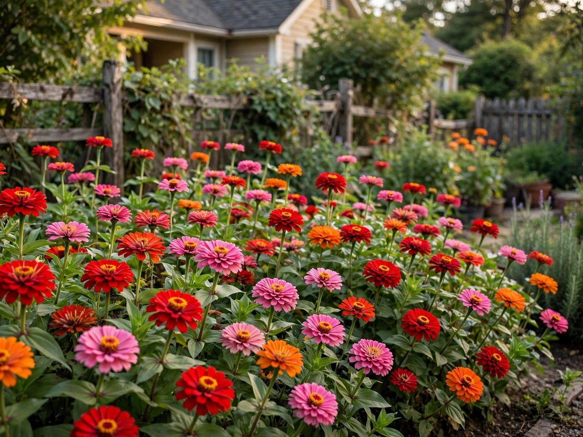 Easy Flowers to Grow at Home Vibrant red, pink and orange zinnias blooming in a home garden